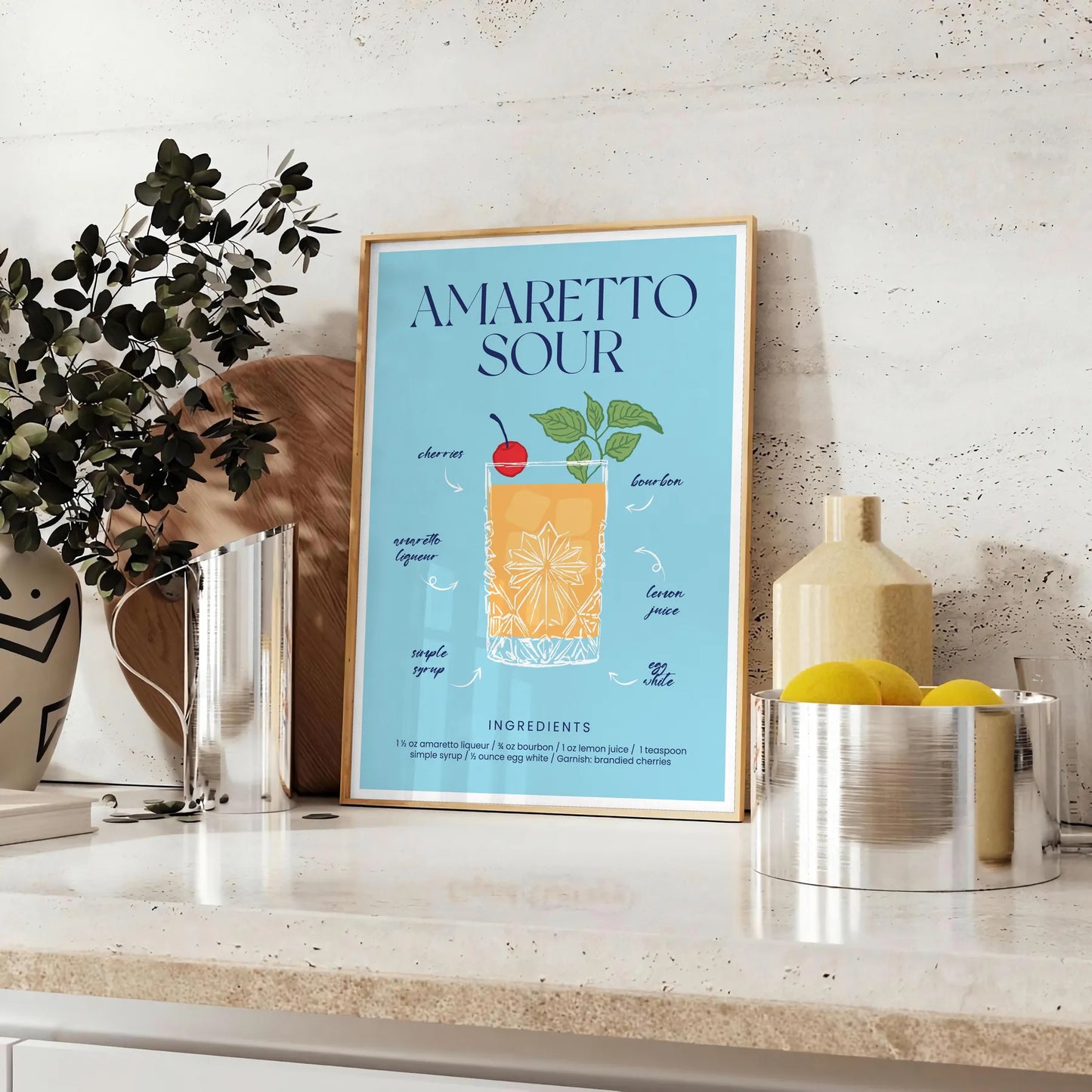 splash style space vibrant Amaretto Sour Cocktail poster bold blue yellow hues eye wall art perfect gift lovers unframed option stunning print