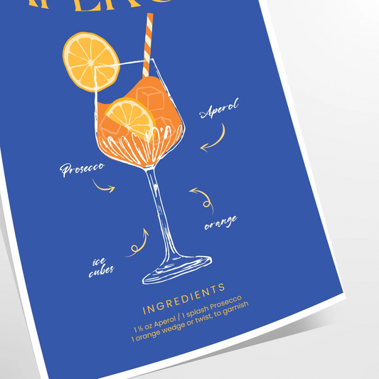 space captivating Aperol cocktail art poster vibrant blue yellow hues wall print ideal gift lovers splash creativity room available