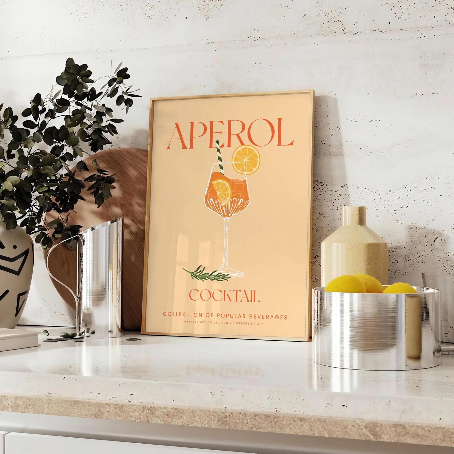 space vibrant Aperol cocktail poster stunning blend orange gray hues eye wall art perfect gift enthusiast unframed formats decor needs
