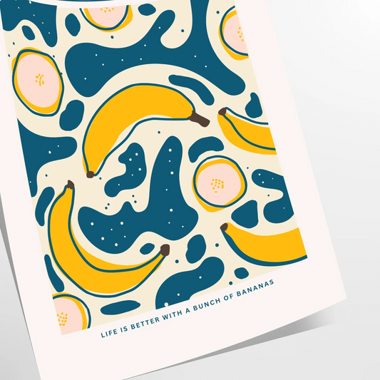 culinary space stylish Banana Kitchen Art Poster striking blend gray orange hues pop color charm artwork ideal gift food enthusiasts available A4 cm A0