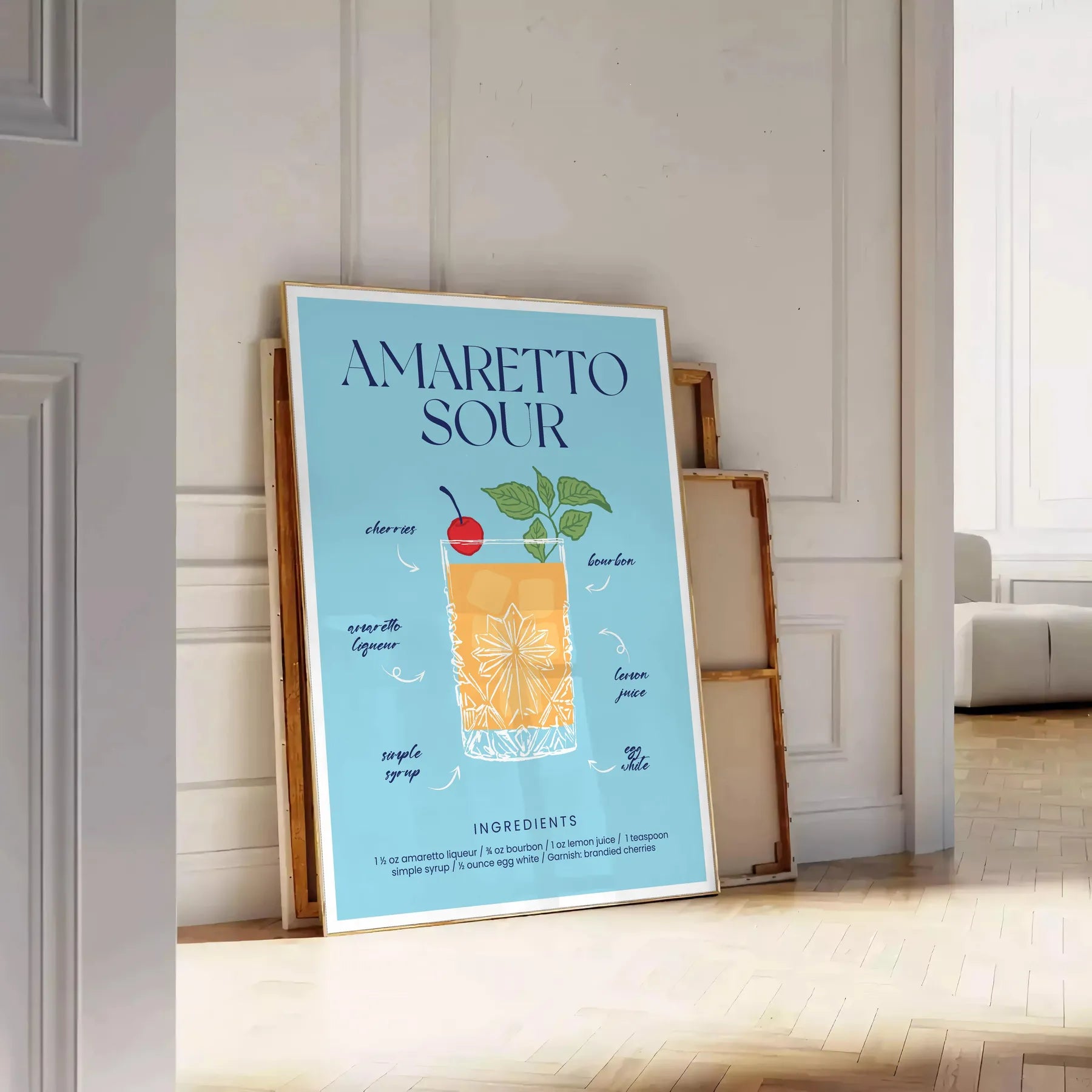 splash style space vibrant Amaretto Sour Cocktail poster bold blue yellow hues eye wall art perfect gift lovers unframed option stunning print