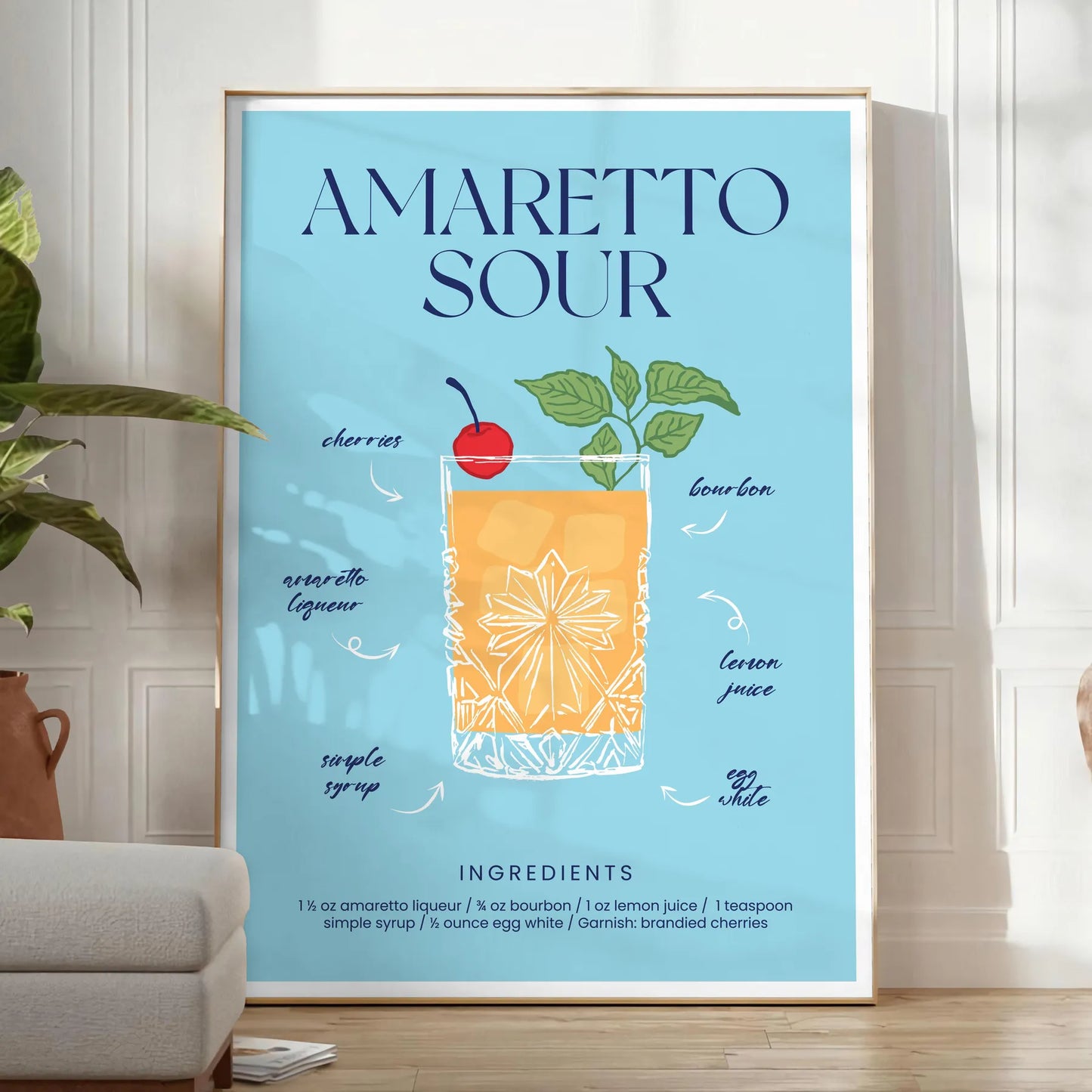 splash style space vibrant Amaretto Sour Cocktail poster bold blue yellow hues eye wall art perfect gift lovers unframed option stunning print