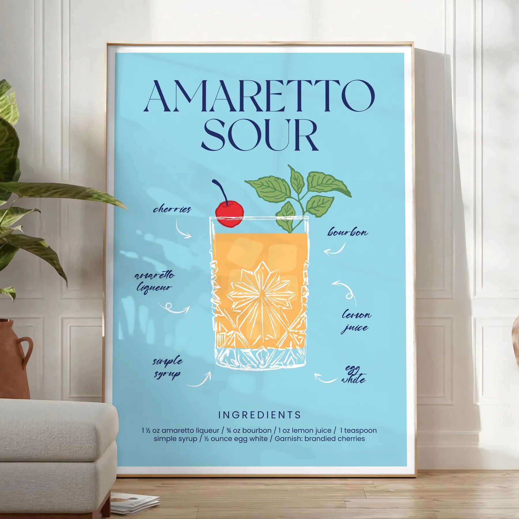 splash style space vibrant Amaretto Sour Cocktail poster bold blue yellow hues eye wall art perfect gift lovers unframed option stunning print