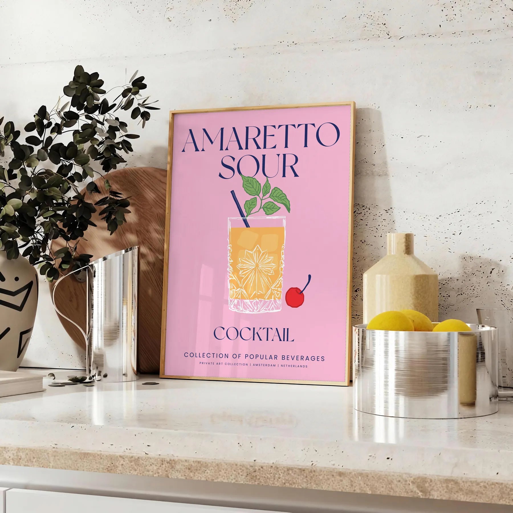 space vibrant Amaretto Sour Cocktail poster stunning mix yellow blue wall art perfect blend flavor color ideal gift artwork decor frame
