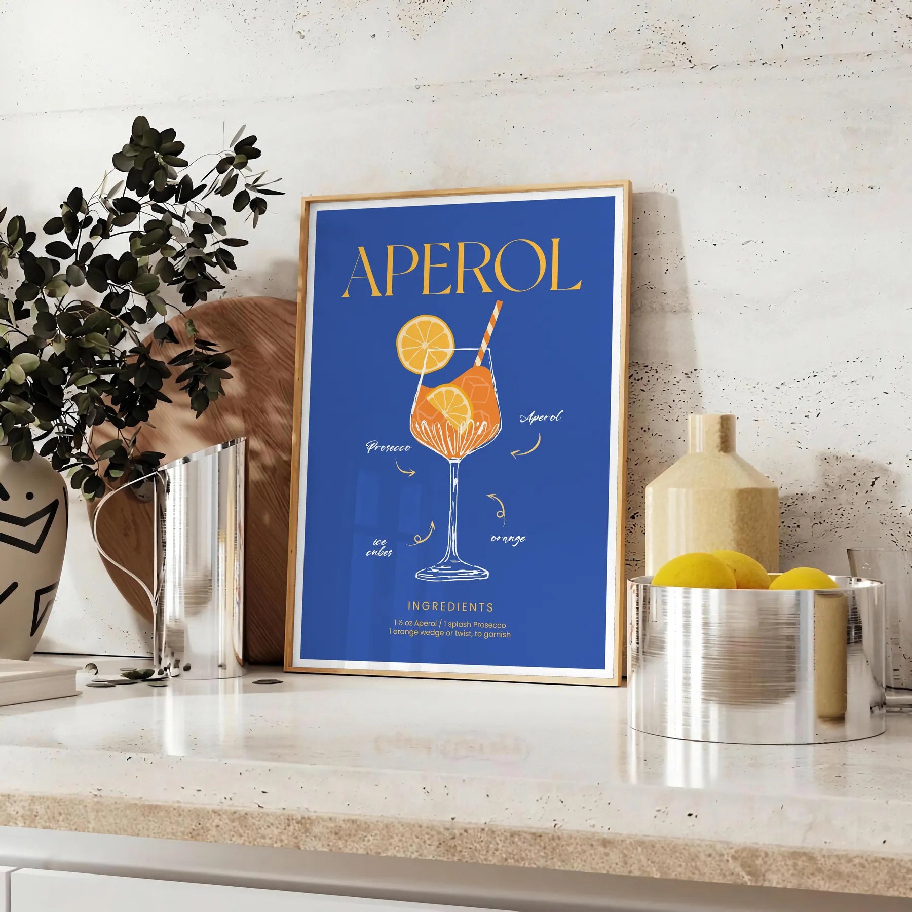 space captivating Aperol cocktail art poster vibrant blue yellow hues wall print ideal gift lovers splash creativity room available