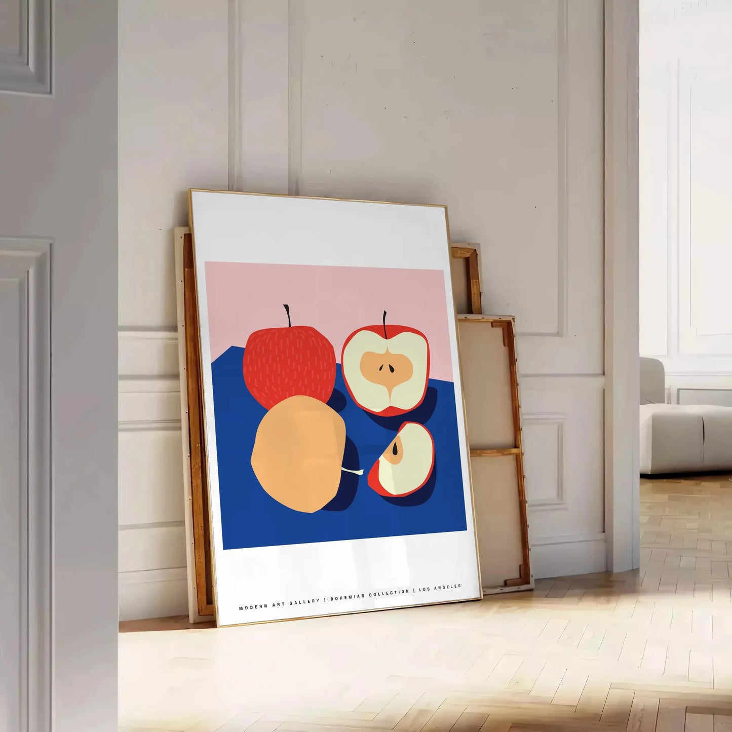 space vibrant apple fruit art poster rich oranges blues striking visual impact wall unique gift artwork room refreshing design unframed options