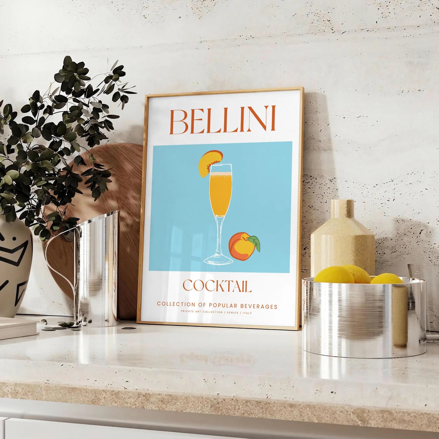 space vibrant Bellini cocktail poster green orange hues stunning wall art perfect enthusiasts unique gift idea print splash color creativity room